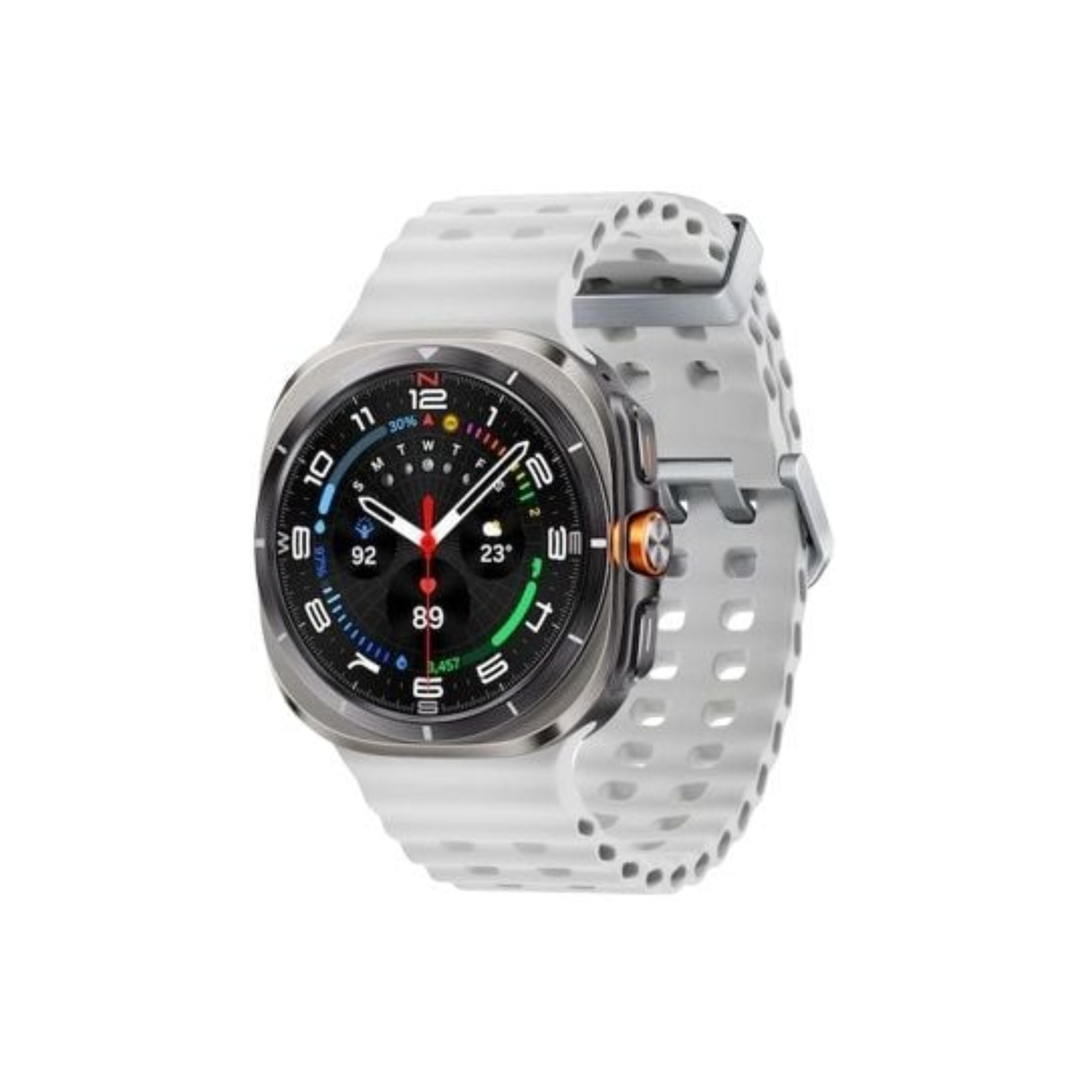 Smartwatch with a white perforated band on a white background