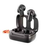Black wireless earbuds with blue LED indicator lights, shown resting inside an open matching charging case on a clean white background.