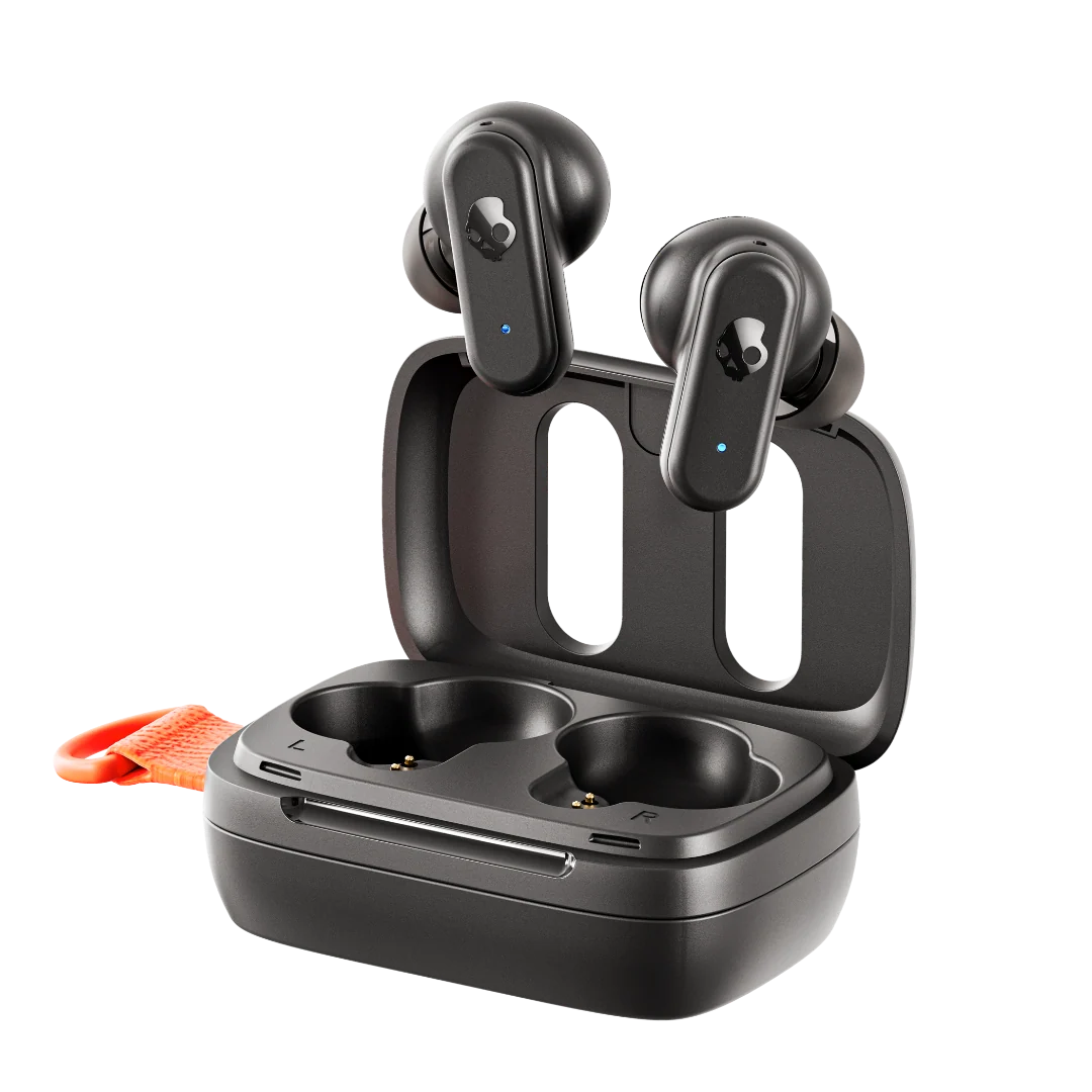 Black wireless earbuds with blue LED indicator lights, shown resting inside an open matching charging case on a clean white background.