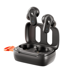 Black wireless earbuds with blue LED indicator lights, shown resting inside an open matching charging case on a clean white background.