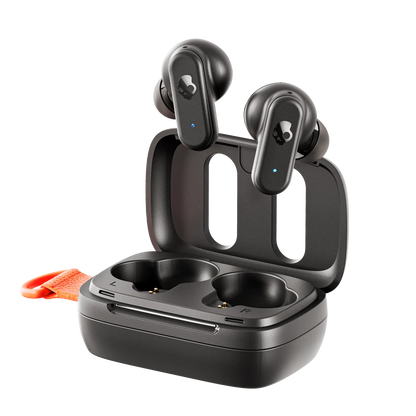 Black wireless earbuds with blue LED indicator lights, shown resting inside an open matching charging case on a clean white background.