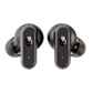 Pair of black wireless earbuds on a white background