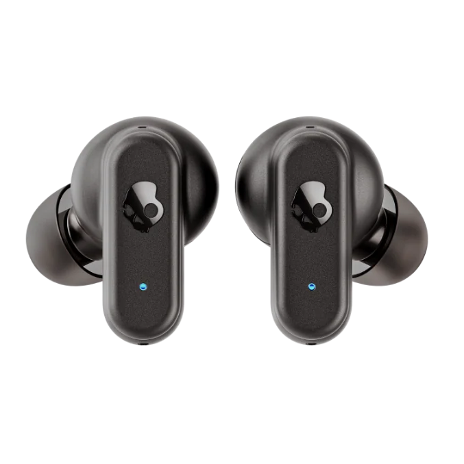 Pair of black wireless earbuds on a white background