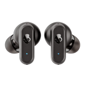 Pair of black wireless earbuds on a white background