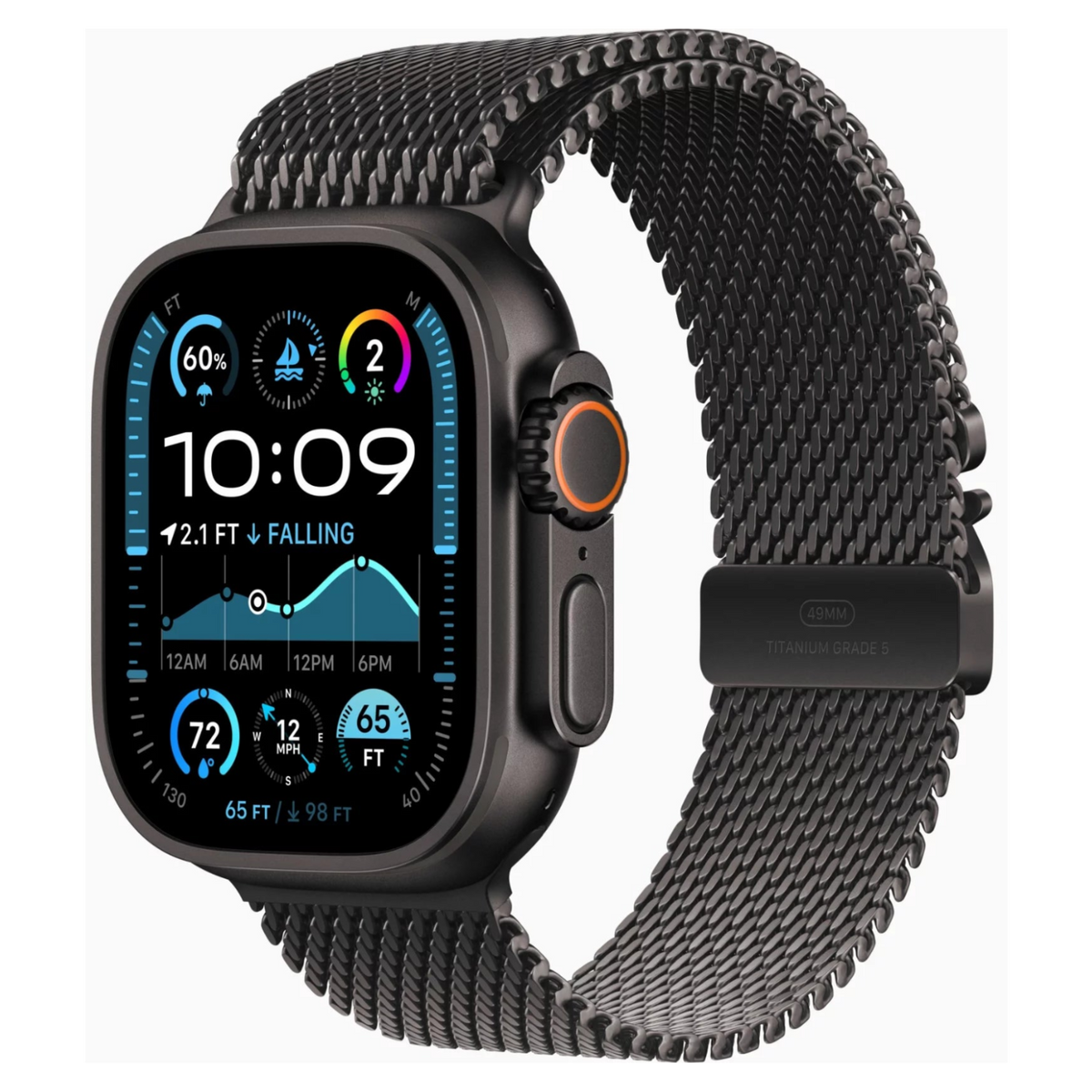 A smartwatch with a black rectangular face and a black mesh loop band, shown on a plain light gray background. The watch body and band are black, with a small orange accent ring around the side button.