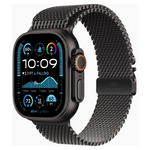 A smartwatch with a black rectangular face and a black mesh loop band, shown on a plain light gray background. The watch body and band are black, with a small orange accent ring around the side button.