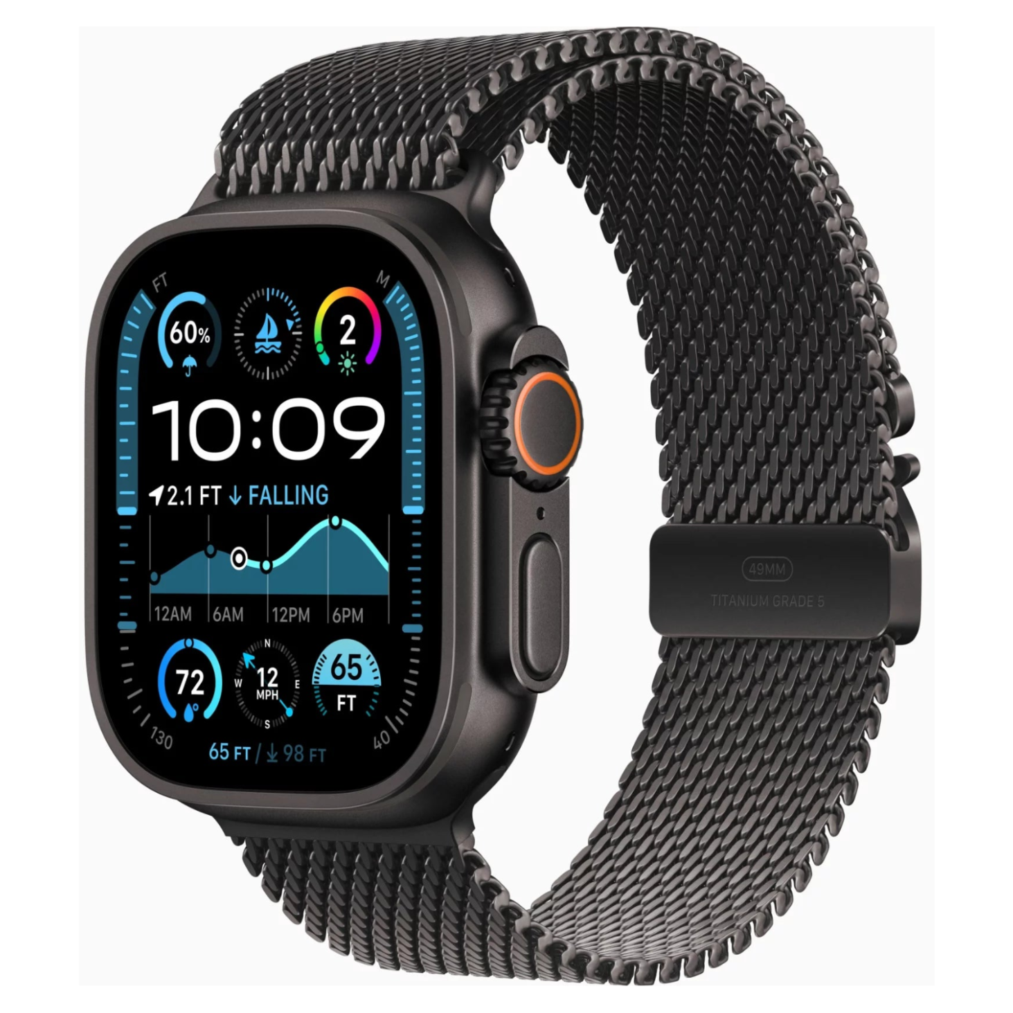 A smartwatch with a black rectangular face and a black mesh loop band, shown on a plain light gray background. The watch body and band are black, with a small orange accent ring around the side button.