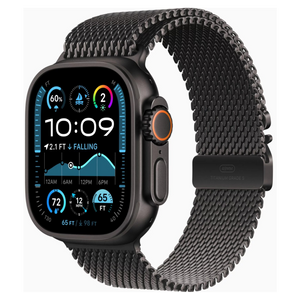 A smartwatch with a black rectangular face and a black mesh loop band, shown on a plain light gray background. The watch body and band are black, with a small orange accent ring around the side button.