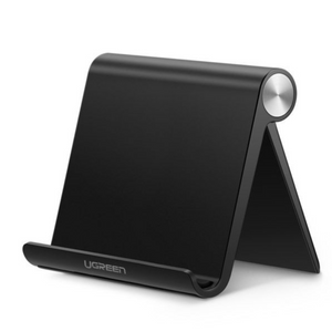 Black adjustable phone stand on a white background