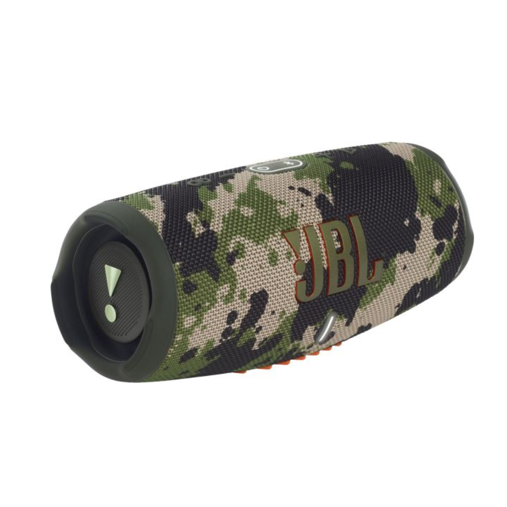 Camouflage-patterned Bluetooth speaker on a white background