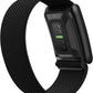 Black fitness tracker with digital display on a white background