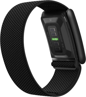 Black fitness tracker with digital display on a white background