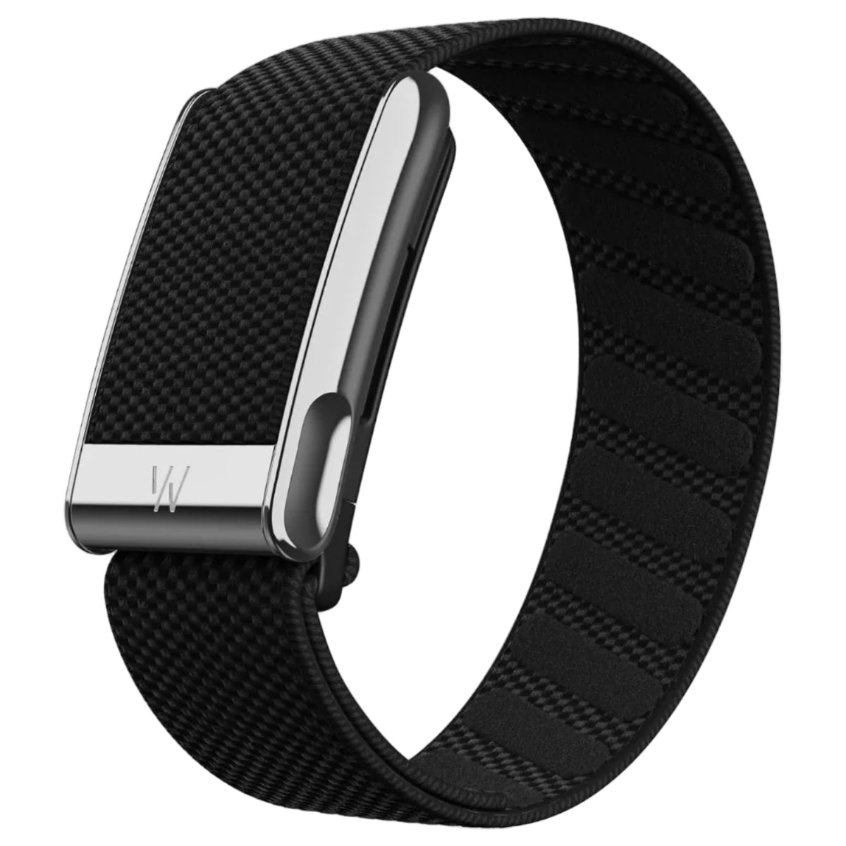 A black carbon-fiber-patterned silicone watch band with a polished silver metal clasp featuring a stylized 'W' logo, shown on a white background.