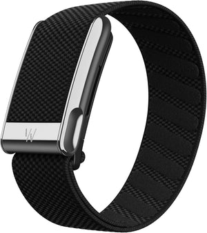 A black carbon-fiber-patterned silicone watch band with a polished silver metal clasp featuring a stylized 'W' logo, shown on a white background.