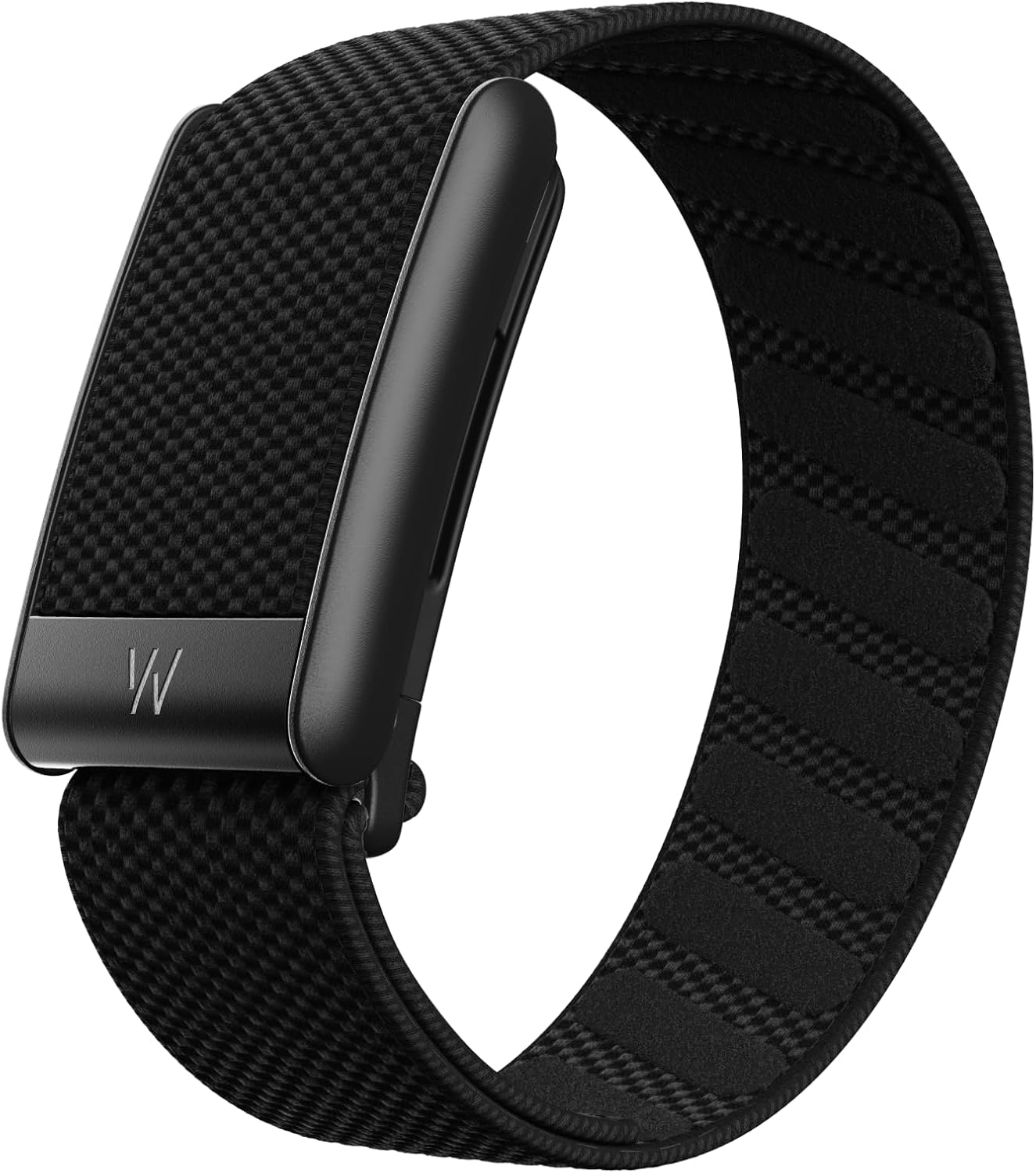 Black watch strap with a metallic clasp on a white background