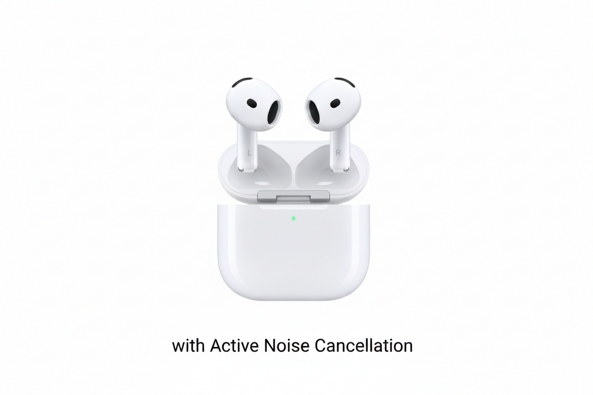White wireless earbuds with charging case on a white background