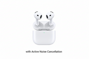 White wireless earbuds with charging case on a white background