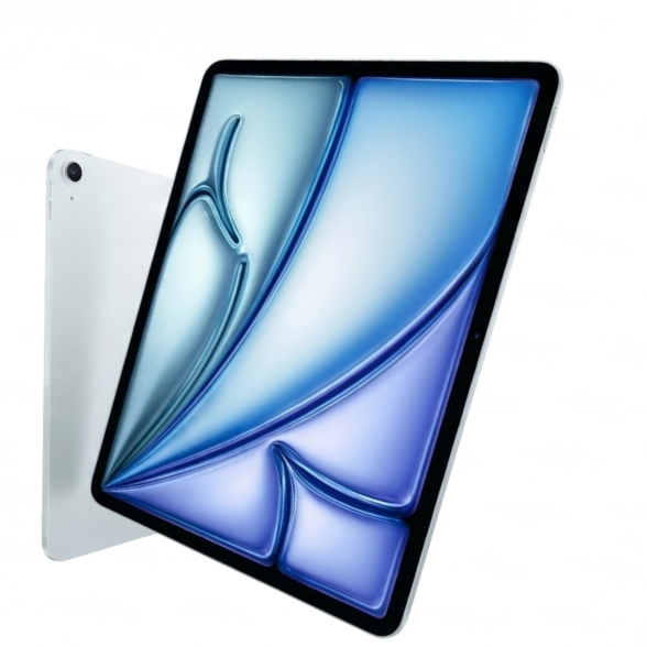 An iPad shown from the front at an angle with its back visible behind it, on a clean white background. The screen displays a blue and light blue abstract wallpaper.