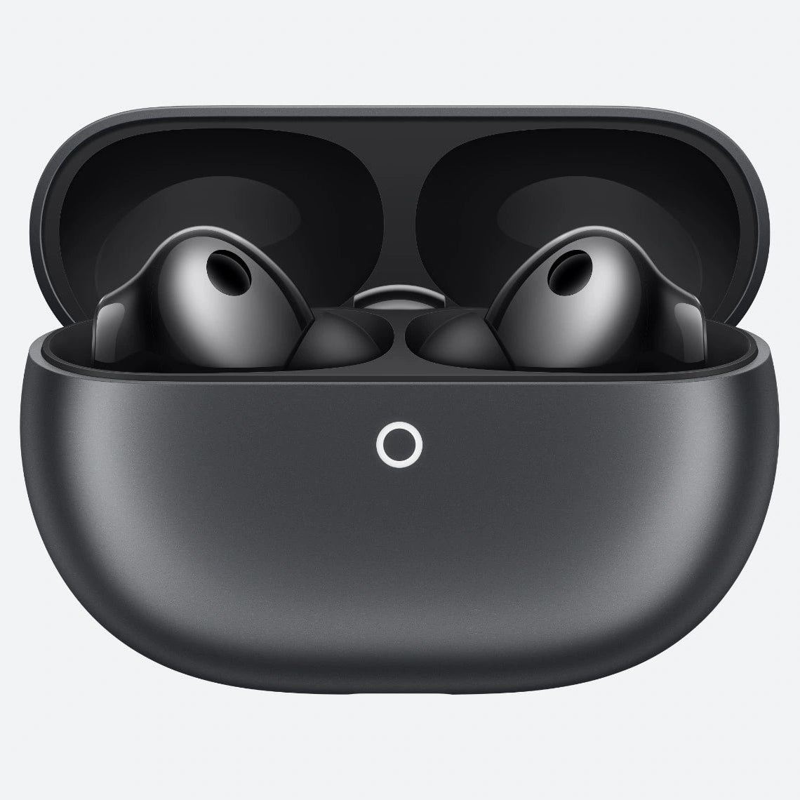Black true wireless earbuds in an open charging case on a light gray background.