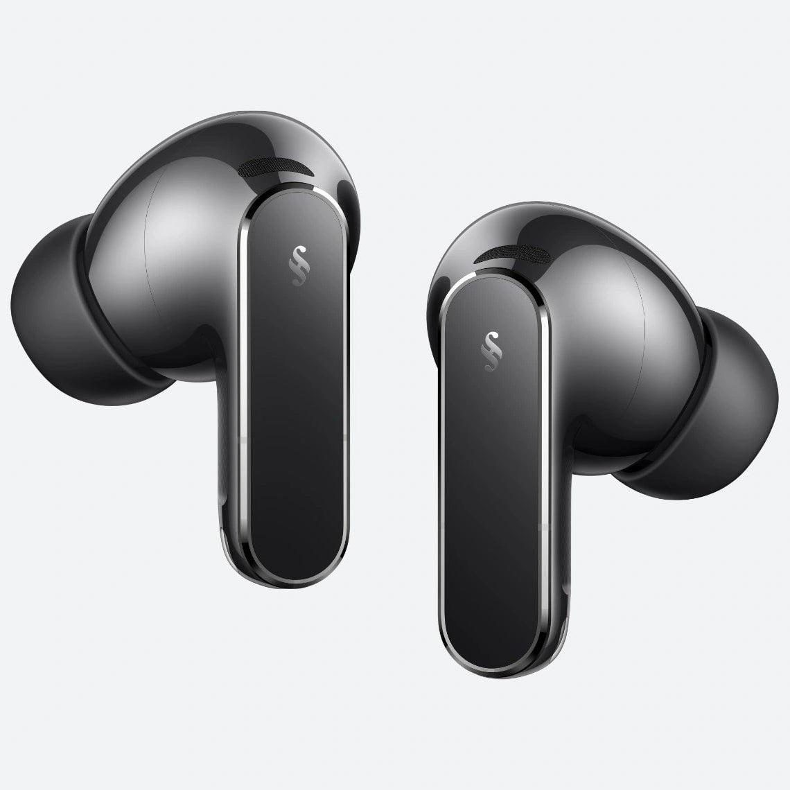 A pair of dark gray wireless earbuds with glossy metallic finishes, shown floating against a solid light gray background.