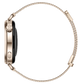A side profile view of a smartwatch with a metallic rose gold case and a matching rose gold woven mesh band, shown against a solid white background.