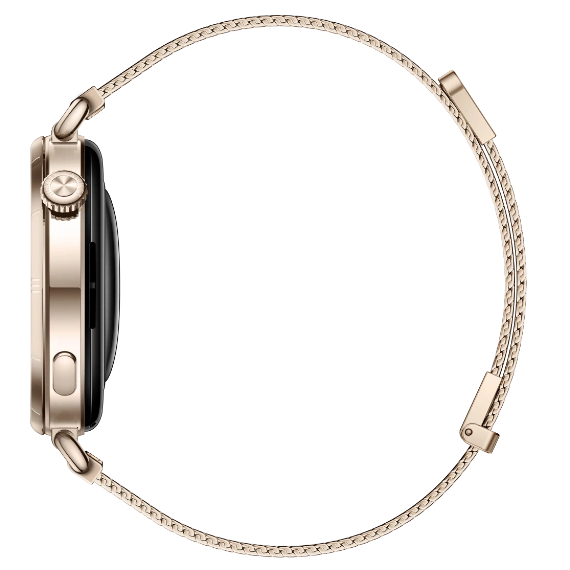 A side profile view of a smartwatch with a metallic rose gold case and a matching rose gold woven mesh band, shown against a solid white background.