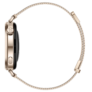 A side profile view of a smartwatch with a metallic rose gold case and a matching rose gold woven mesh band, shown against a solid white background.