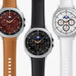 Five smartwatches with round silver-tone cases are arranged side by side on a light gray background. Each watch has a different strap color: beige, tan, black, white, and blue, with various dial designs including analog-style faces and moon-phase indicators.