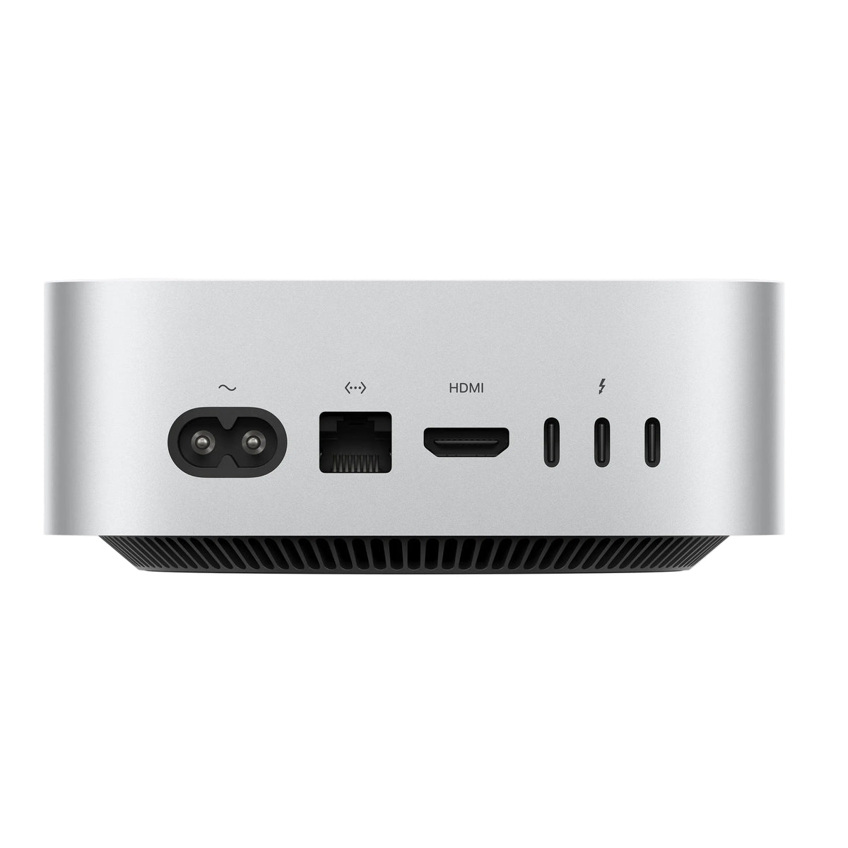 A silver aluminum mini PC or computer chassis shown from the back, featuring various ports and ventilation grilles, set against a plain white background.