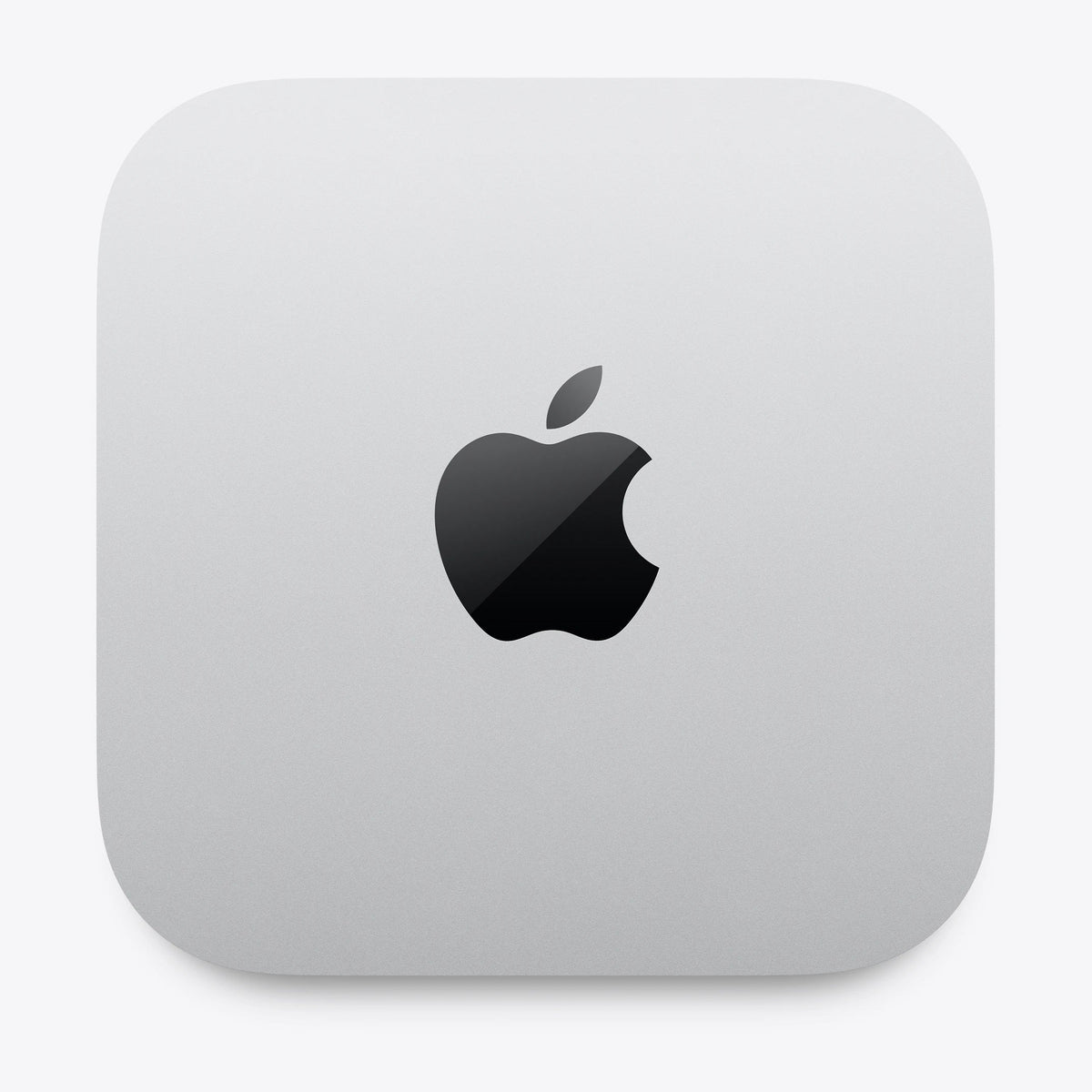 A silver Apple Mac mini computer with a black Apple logo on the front, centered on a light gray background.