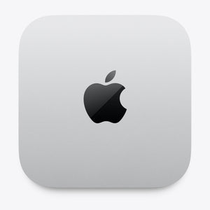 A silver Apple Mac mini computer with a black Apple logo on the front, centered on a light gray background.