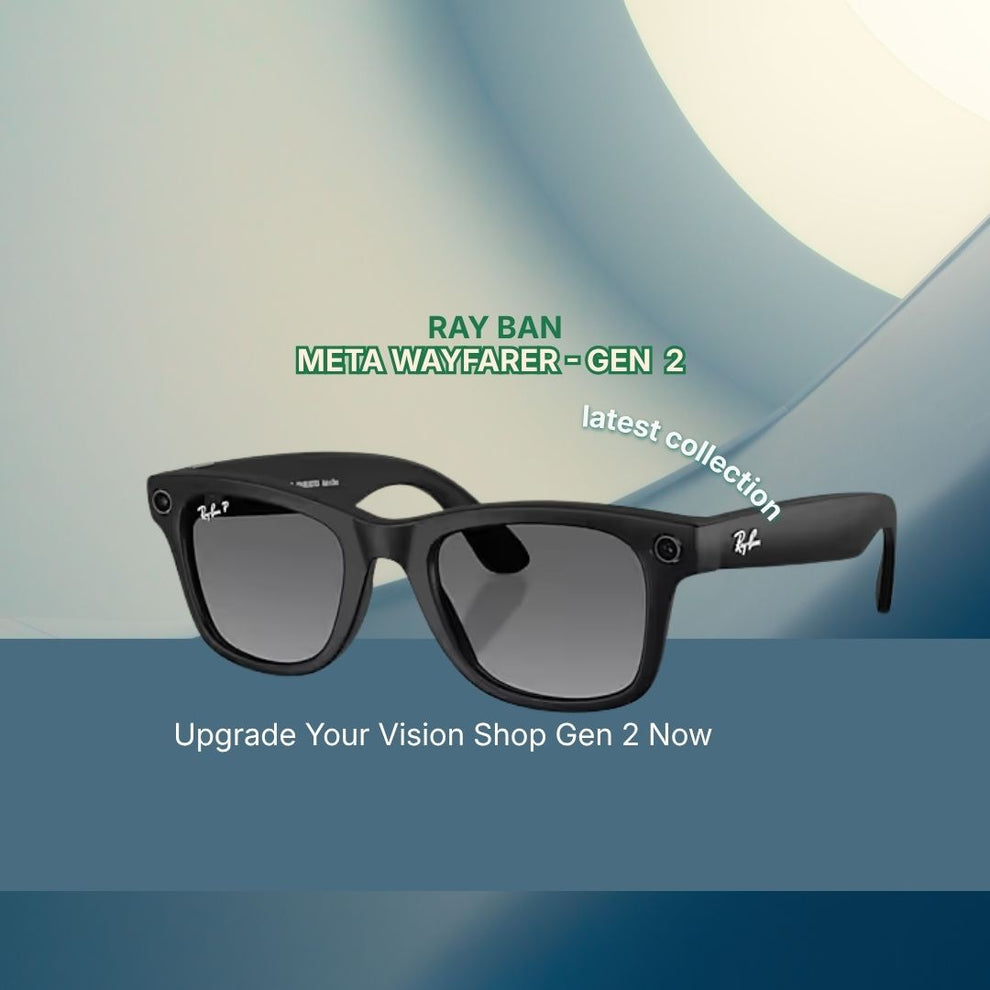 Black Ray Ban Meta Wayfarer Gen 2 sunglasses with gray gradient lenses, shown on a blue and beige graphic background with promotional text overlays.