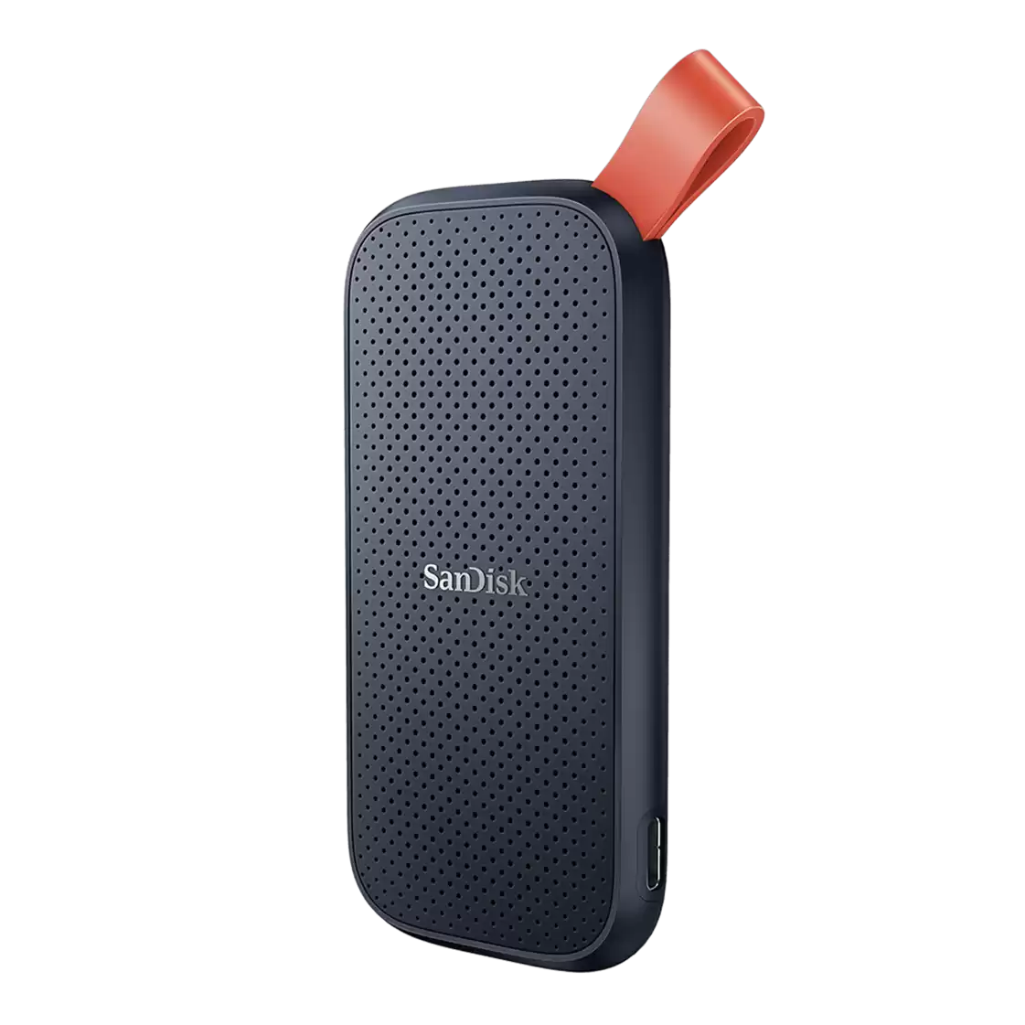 SanDisk external hard drive with red strap on a white background