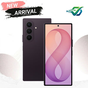 Samsung Galaxy S24 Ultra smartphone shown from the back and front, with a dark purple finish. The back view shows a triple-camera setup, and the front view displays a pink and purple abstract wallpaper.